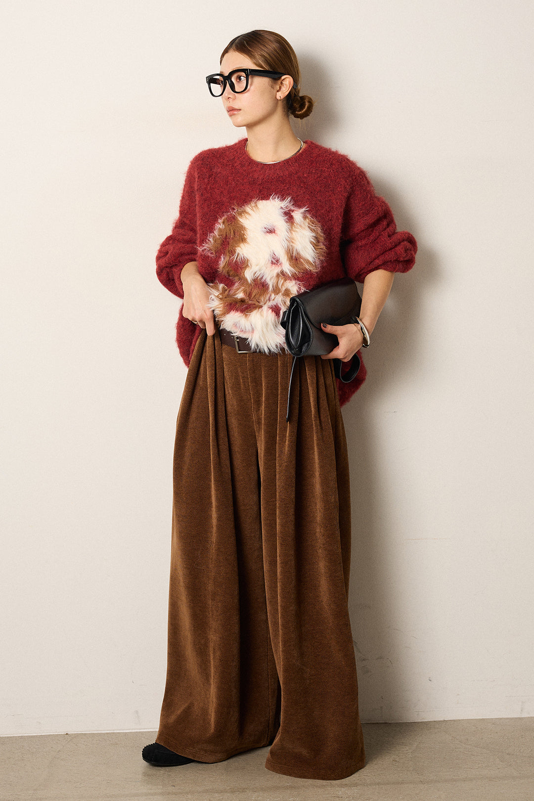 [SET]シャギーニュアンスアニマルニット+ベルトループコーデュロイワイドパンツ(2set)