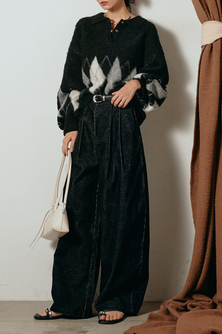 [SET]アーガイル柄ポロニットトップス+フロントタック入りコーデュロイパンツ(2set)