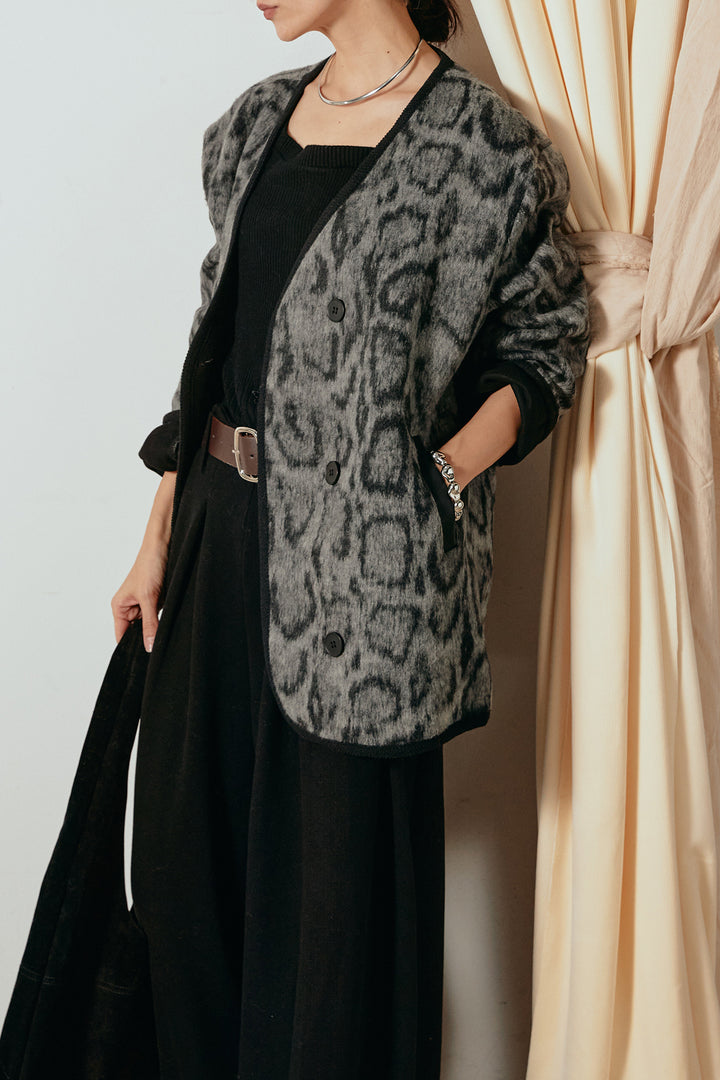 [SET]ノーカラーレオパード柄アウター+フェイクレザー太ベルト付きタックワイドパンツ(2set)