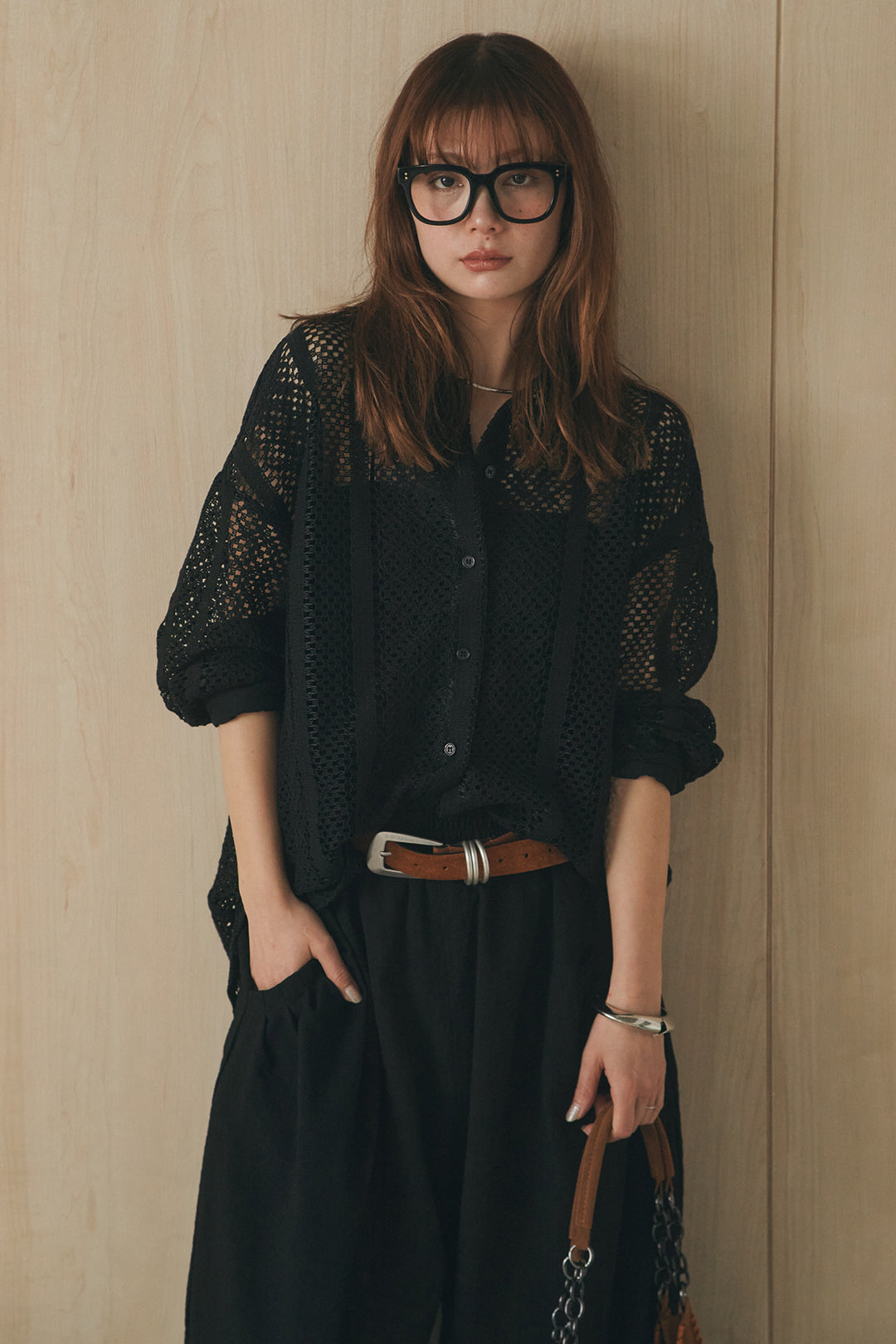 [SET]長袖襟付きレースシャツ+ポケットタックフォルムパンツ(2set)