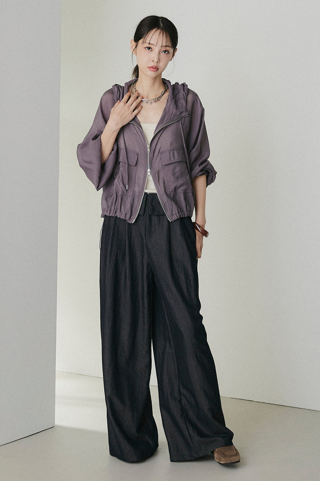 [SET]裾ドロストシアーWジップフーディーブルゾン+ウエスト折り返しワイドパンツ(2set)