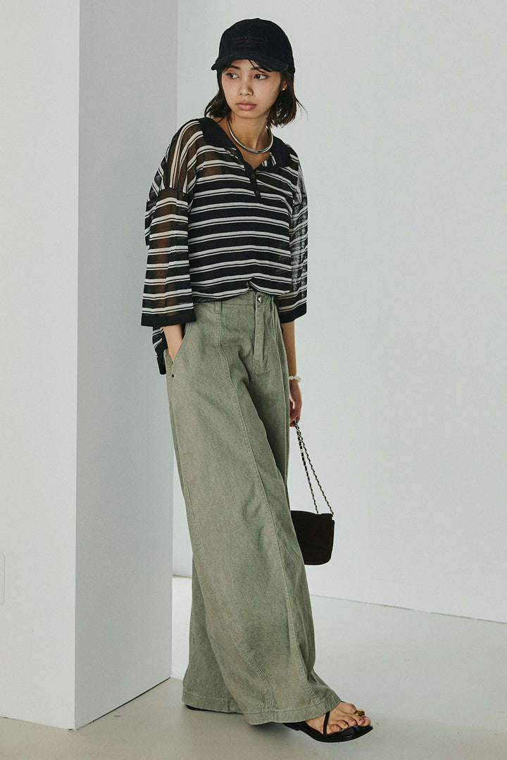 [SET]ボーダーニットポロシャツ+サイドベルトカーブワイドパンツ(2set)