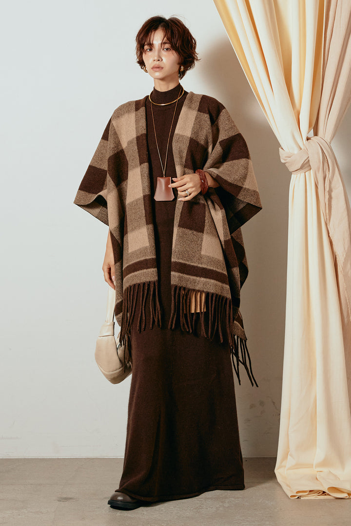 [SET]裾フリンジ柄ポンチョアウター+ノースリーブニットロングワンピース(2set)