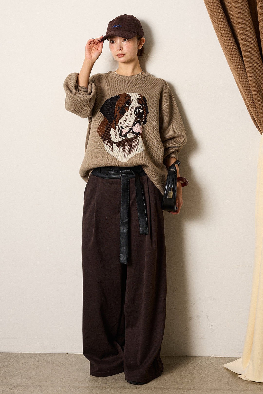 [SET]アニマルジャガード柄ニットトップス+巻ベルトウエストレザーライクワイドパンツ(2set)