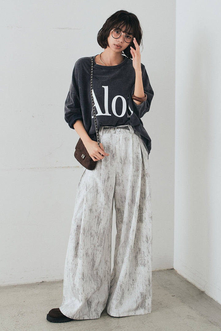 [SET]裾センタードロストロゴプリントワイドTシャツ+紐ベルト付きかすれ柄ワイドスラックス(2set)