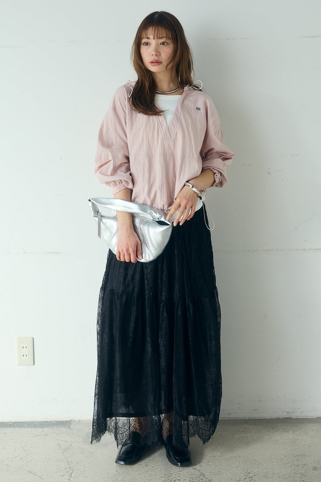 [SET]レイヤードデザインフーディートップス+ひげレース切替ロング丈スカート(2set)