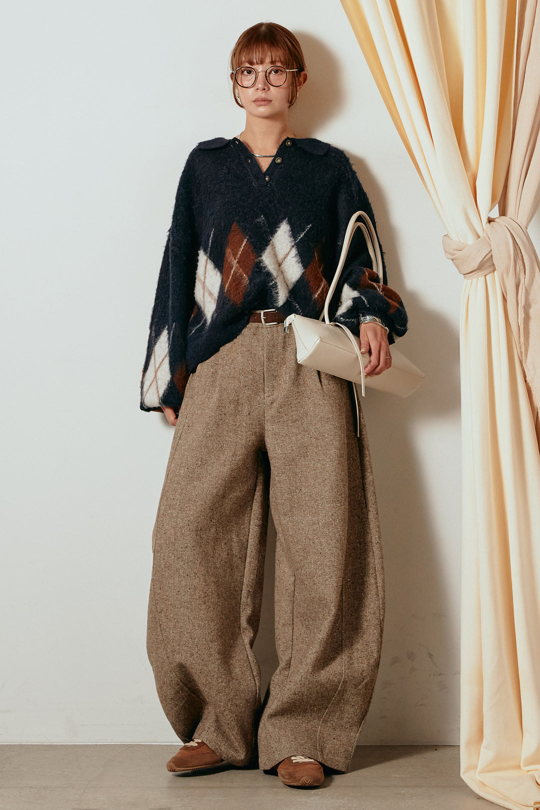 [SET]アーガイル柄ポロニットトップス+ベルト付きネップツイードカーブパンツ(2set)