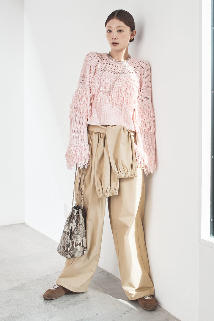 [SET]メッシュフリンジ切り替えプルオーバー+合繊ツイルスタンドウエスト巻きジョガーパンツ(2set)