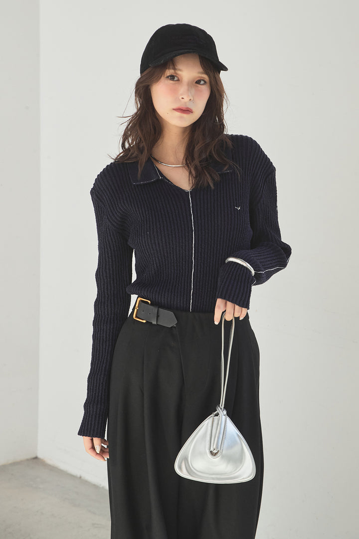 [SET]衿付きニットプルオーバー+サイドベルトタック入りスラックス(2set)