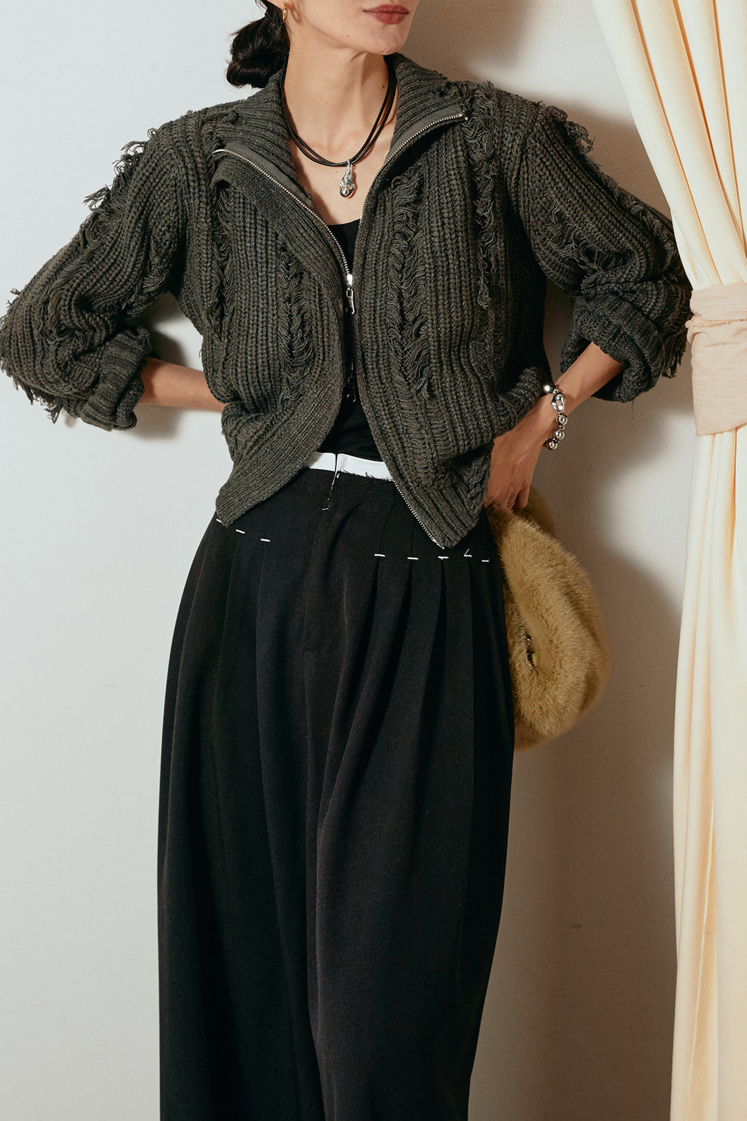 [SET]ハイネックフリンジジップニットトップス+ウエストステッチデザインワイドスラックス(2set)