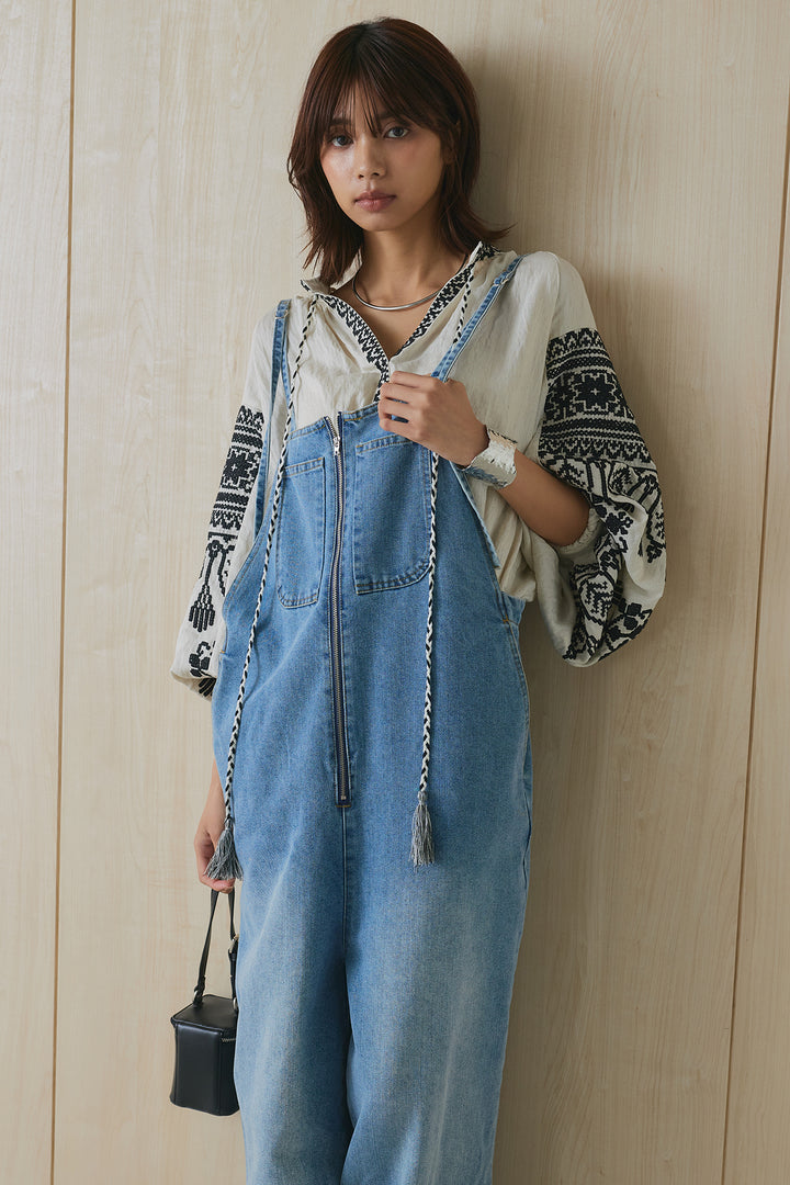 [SET]エスニック刺繍パフスリーブブラウス+フロントジップストラップデザインデニムサロペット(2set)