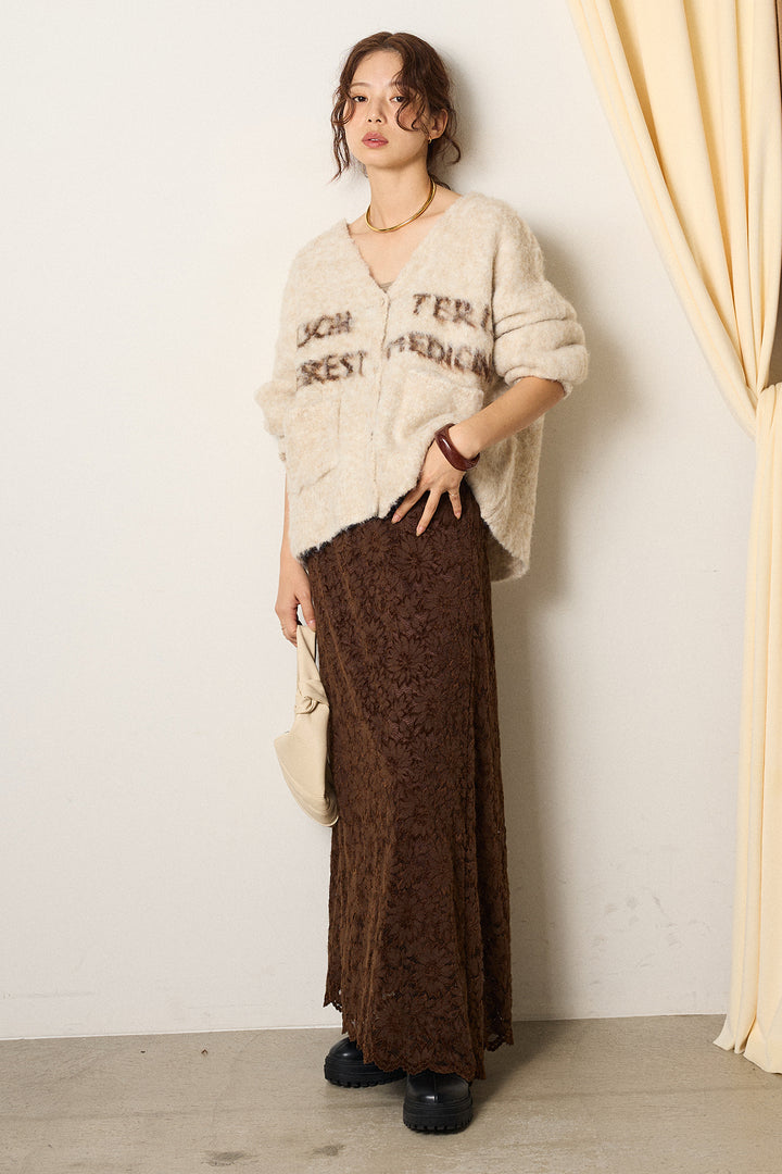 [SET]ウール混透かしロゴニットカーディガン+花柄刺繍ベロアフレアスカート(2set)