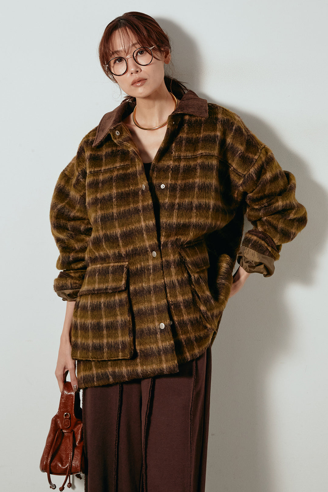 [SET]チェックシャギーミドルカバーオール+フロントラインデザインワイドスウェットパンツ(2set)