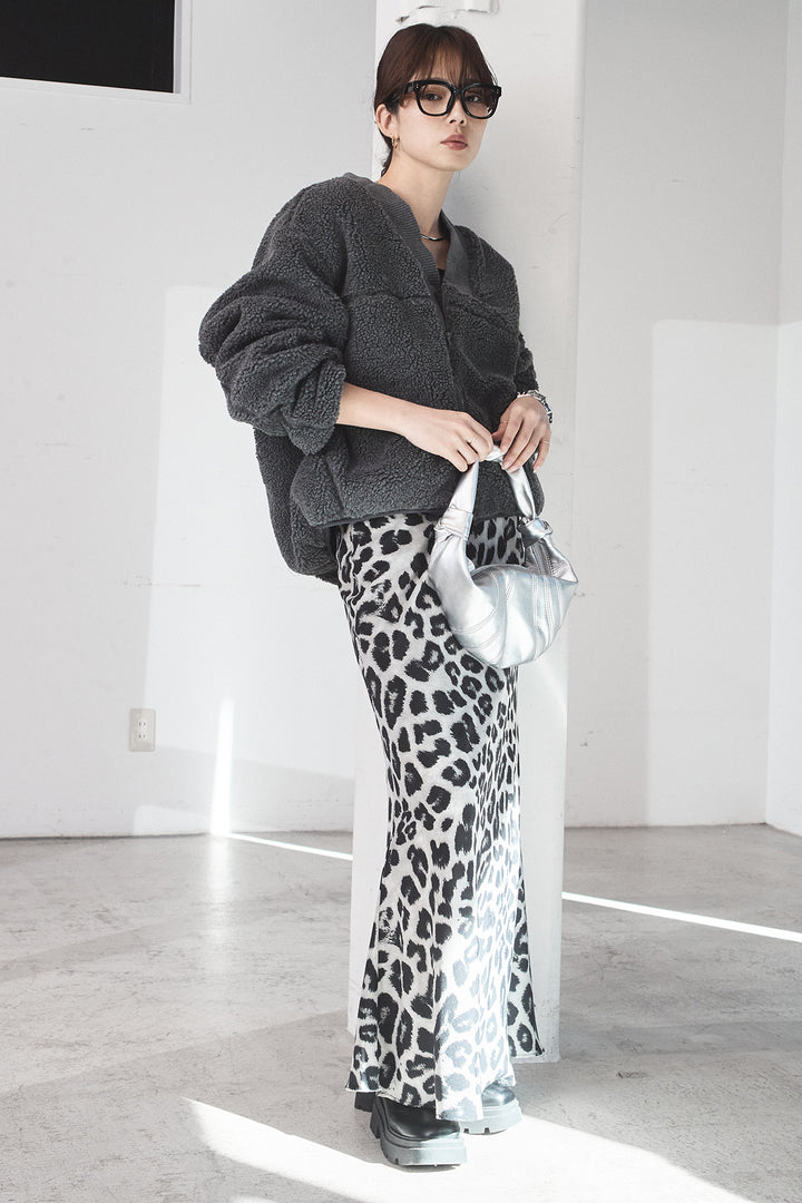 [SET]ノーカラーリブボアアウター+レオパードサテンナロースカート(2set)