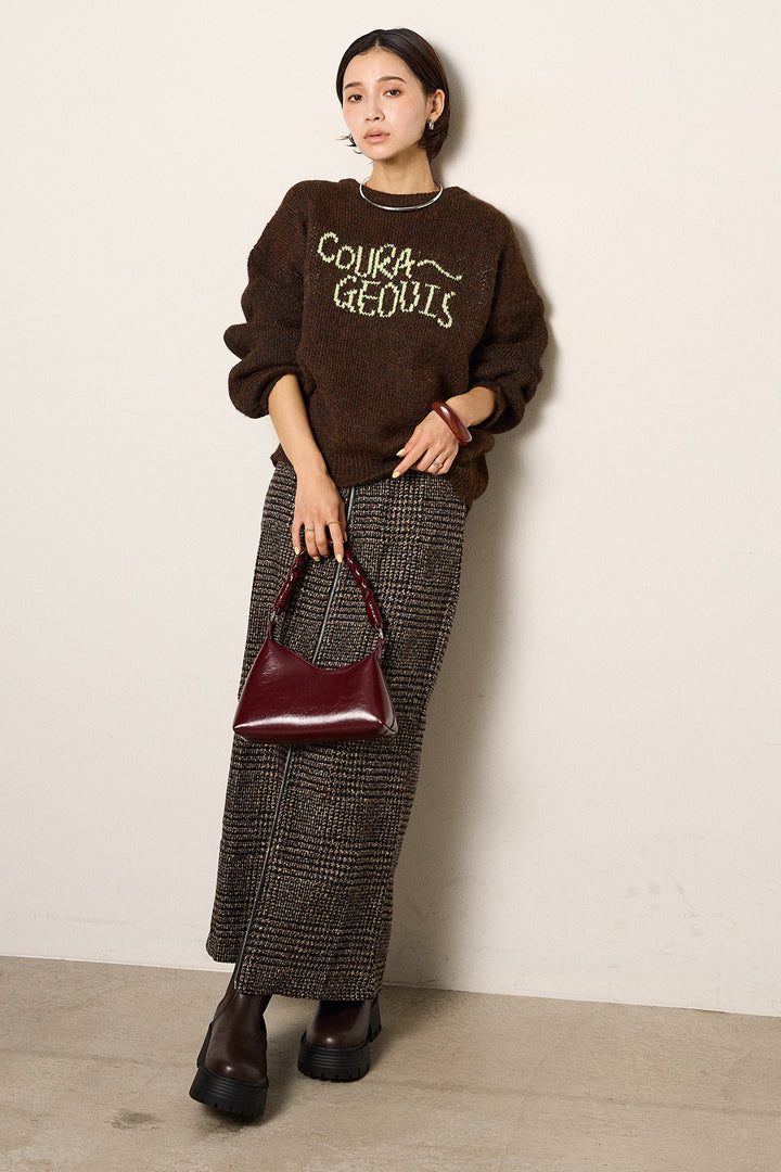 [SET]ロゴシャギーニットプルオーバー+グレンチェック柄フロントジップタイトスカート(2set)