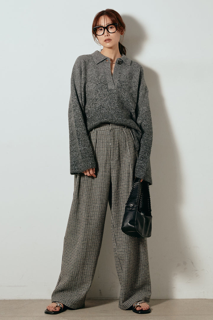 [SET]グラデーションラメニットキーネックプルオーバー+ガンクラブチェックタックパンツ(2set)