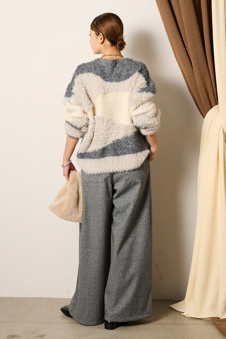 [SET]シャギーウェーブ柄クルーネックニットトップス+細ベルト付き起毛タックワイドパンツ(2set)