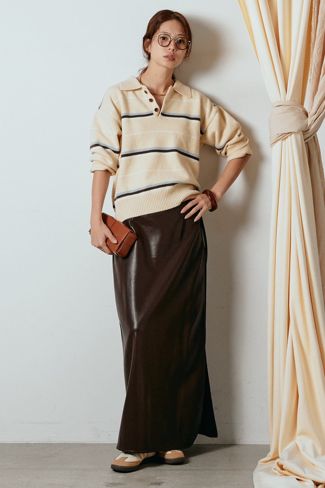 [SET]襟付きマルチボーダーニットポロトップス+紐付きフェイクレザーワイドスカート(2set)
