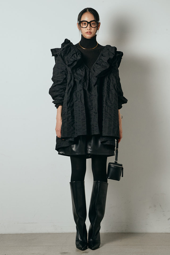 [SET]Vネックフリルカラーブラウス+ストレッチエコレザーバミューダパンツ(2set)