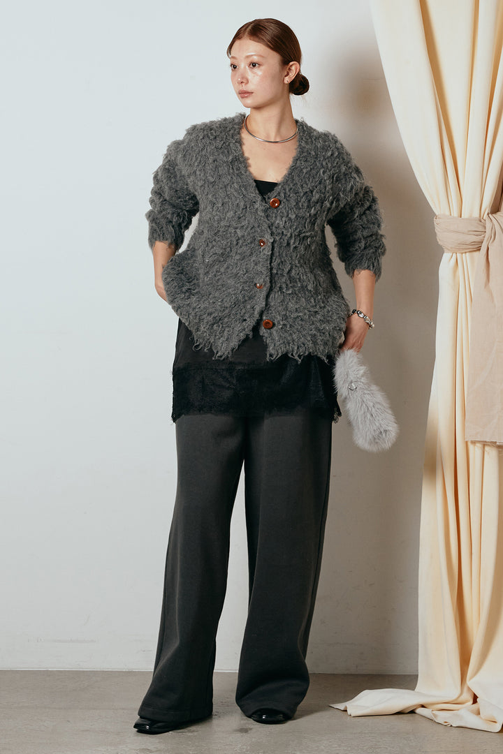 [SET]ルーズシャギーニットカーディガン+レース切り替えキャミソール(2set)