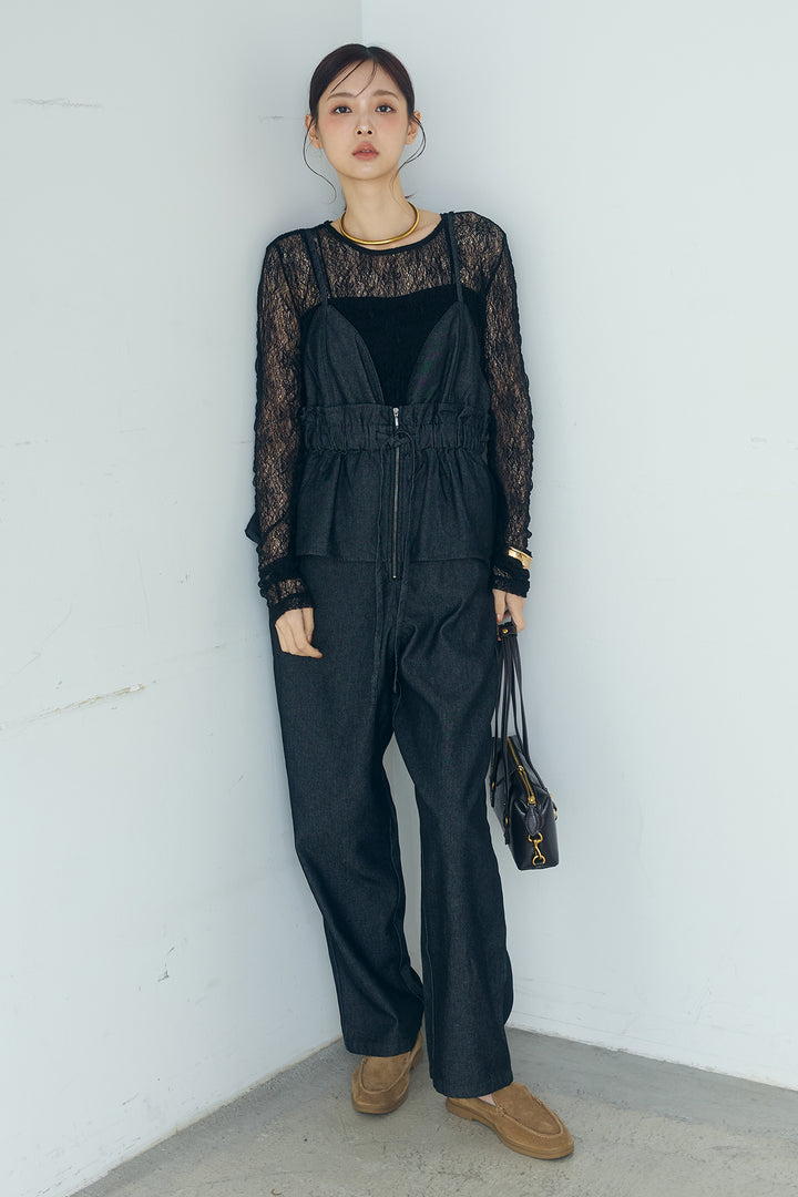 [SET]ストレッチレースクルーネックインナー+デニムペプラムコンビネゾン(2set)