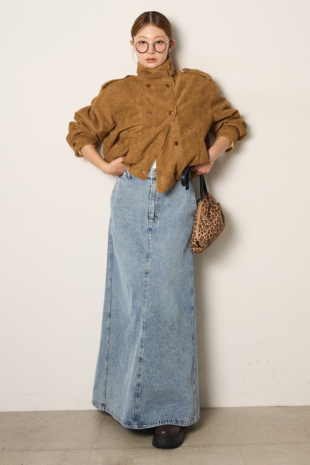 [SET]スタンド襟スウェードライクアウター+デニムロングフレアスカート(2set)