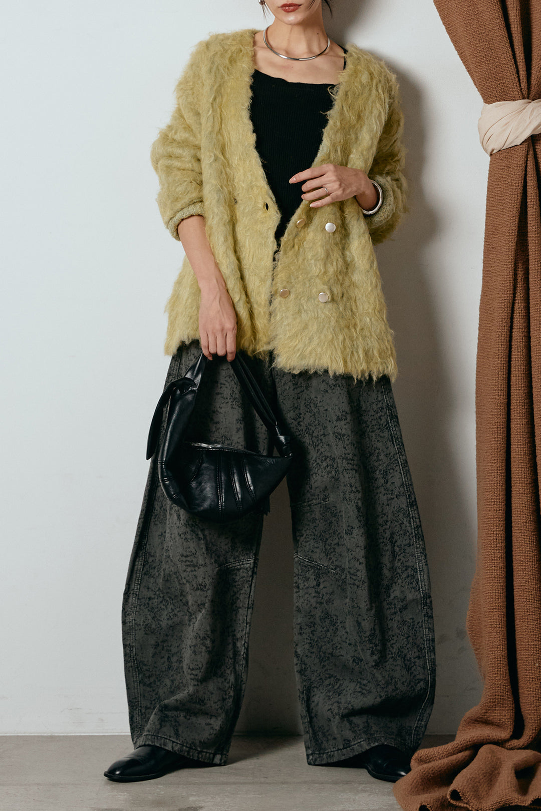 [SET]ウェーブシャギーニットジャケット+ベルト付きニュアンス柄カーブワイドパンツ(2set)