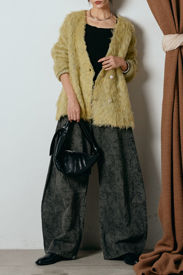 [SET]ウェーブシャギーニットジャケット+ベルト付きニュアンス柄カーブワイドパンツ(2set)