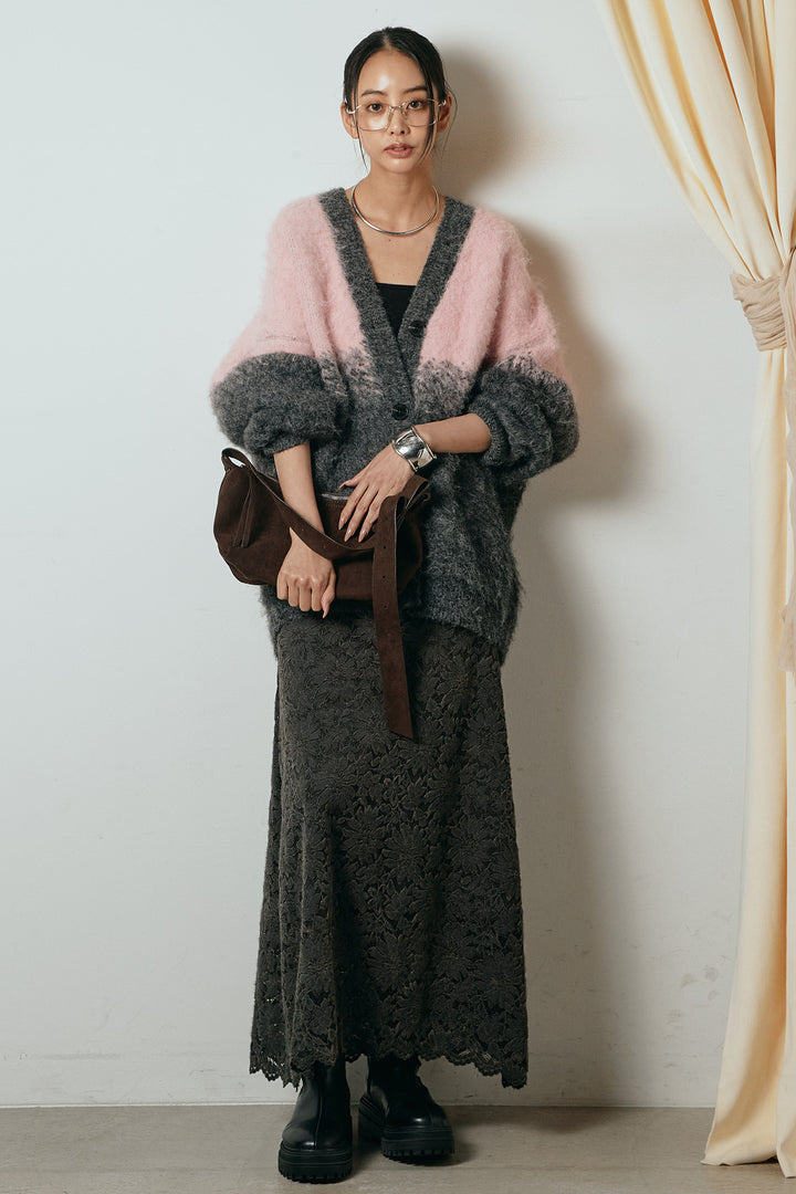 [SET]起毛グラデーションニットカーディガン+花柄刺繍ベロアフレアスカート(2set)