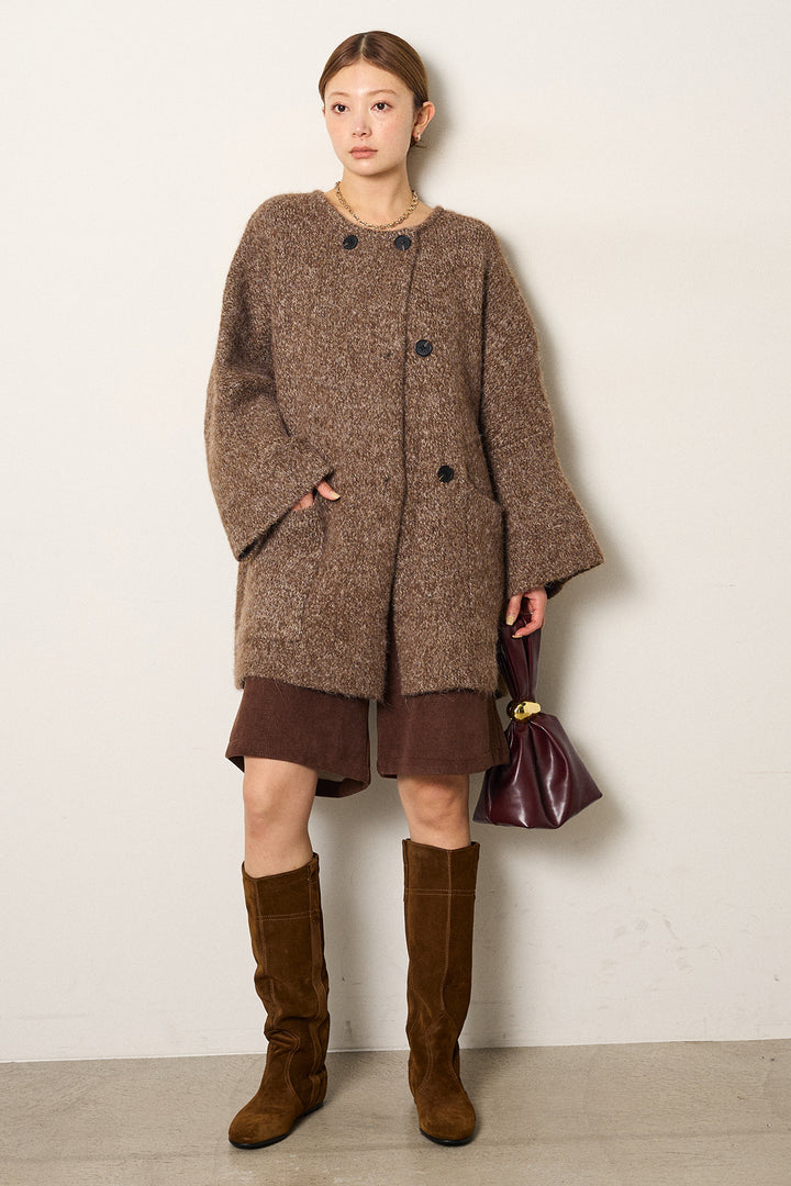 [SET]アシンメトリーボタンニットカーディガン+リラックスコーデュロイハーフパンツ(2set)