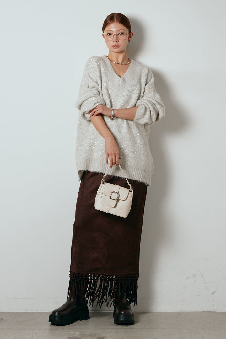 [SET]Vネックルーズラメニットトップス+スウェードライク裾フリンジスカート(2set)