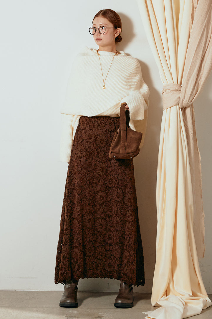 [SET]ケープデザインリブニットトップス+花柄刺繍ベロアフレアスカート(2set)