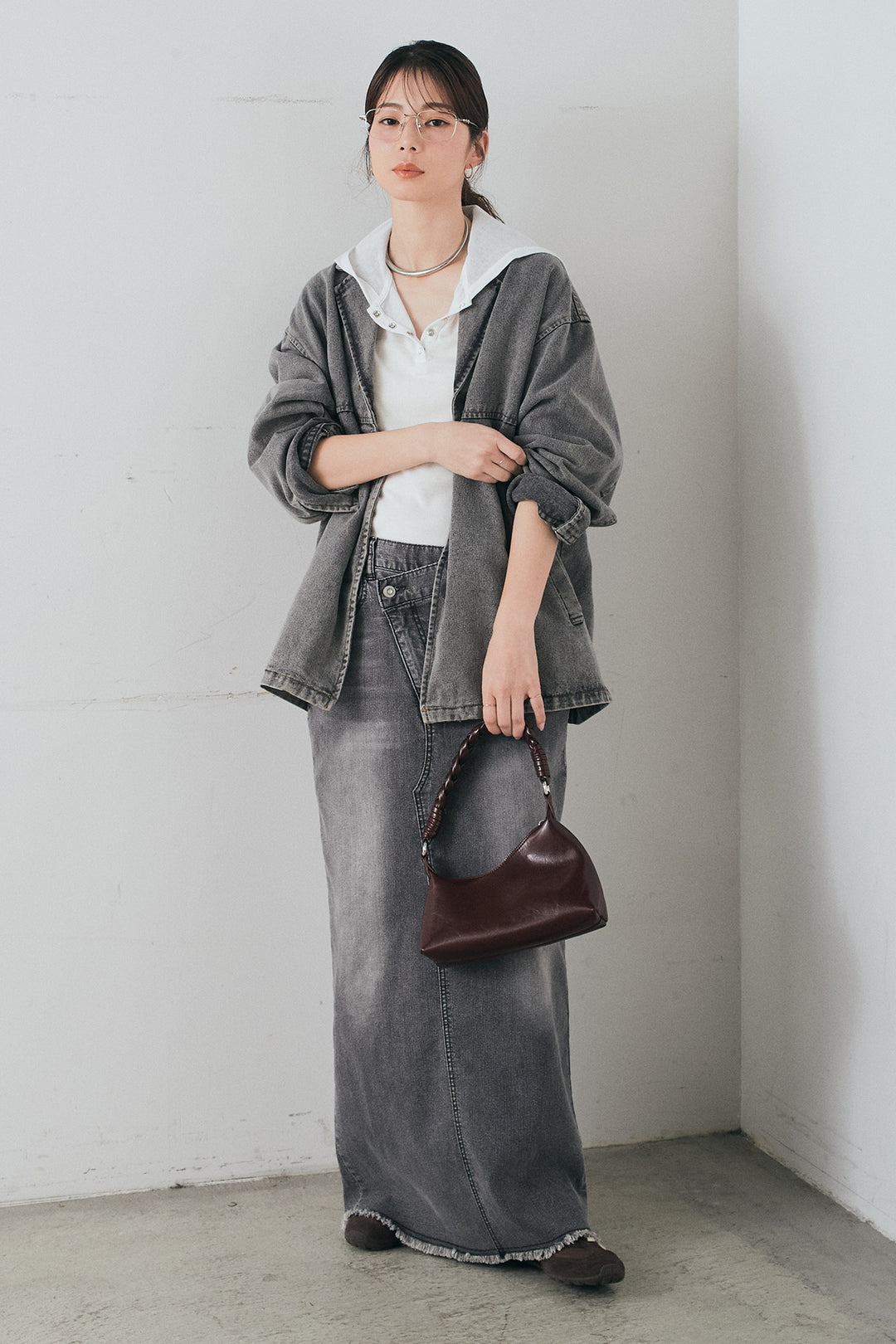 [SET]オーバーデニムジャケット+ウエストクロスデニムタイトスカート+シアーリブフーディプルオーバー(3set)