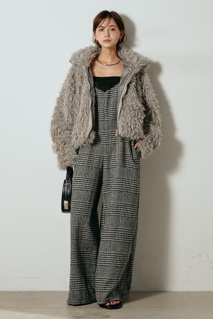 [SET]ミックスシープファースタンドブルゾン+前後2wayグレンチェック柄スカーチョサロペット(2set)