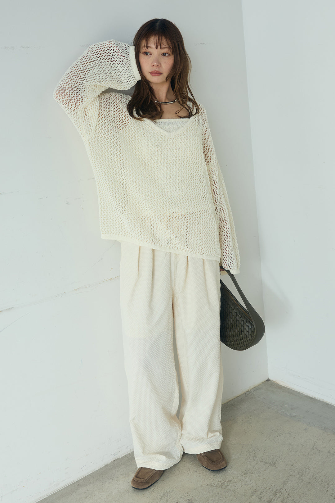 [SET]メッシュ編みビスチェセットVネックプルオーバー+シアサッカーイージーパンツ(2set)