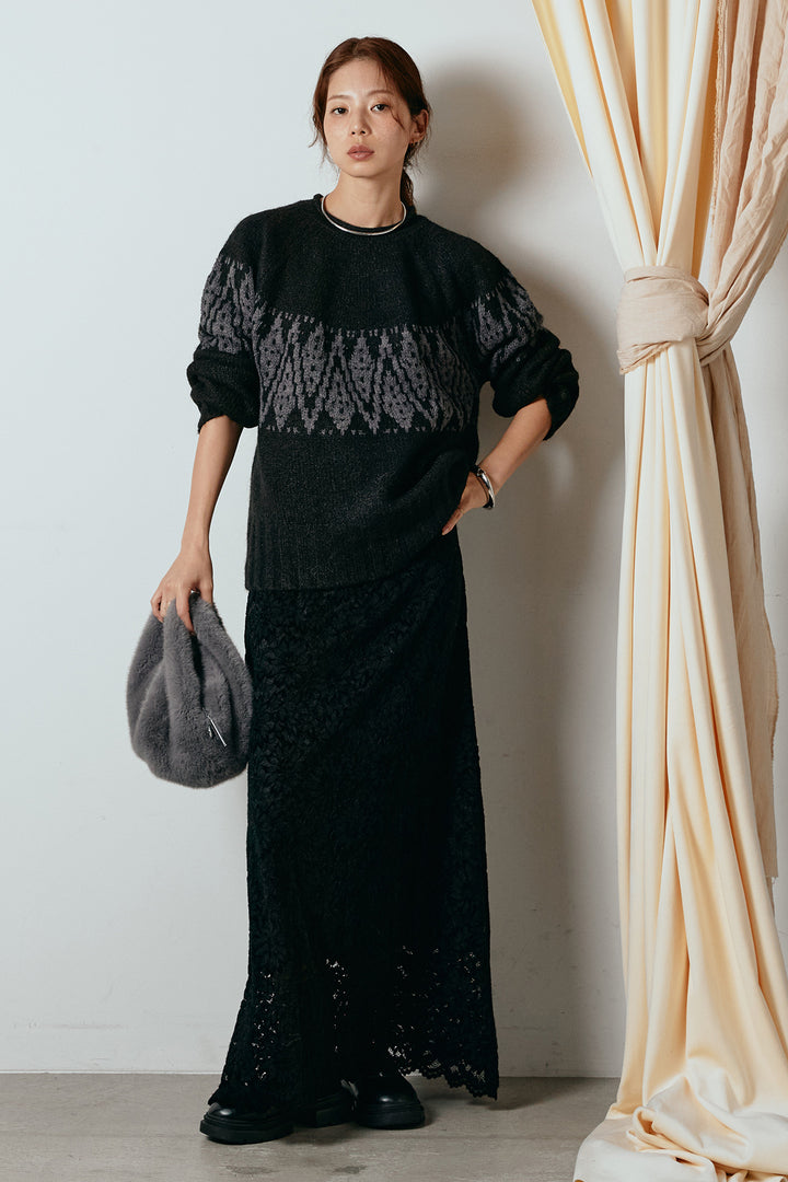 [SET]モノトーン柄ニットトップス+花柄刺繍ベロアフレアスカート(2set)