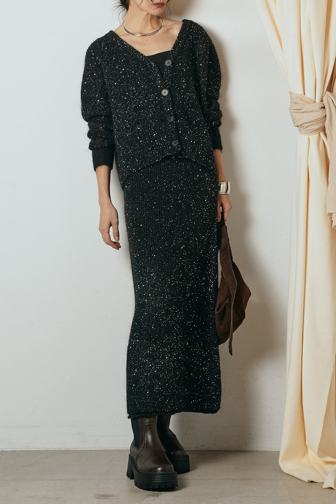 [SET]ミニラメニットカーディガン+ミニラメニットスカート(2set)