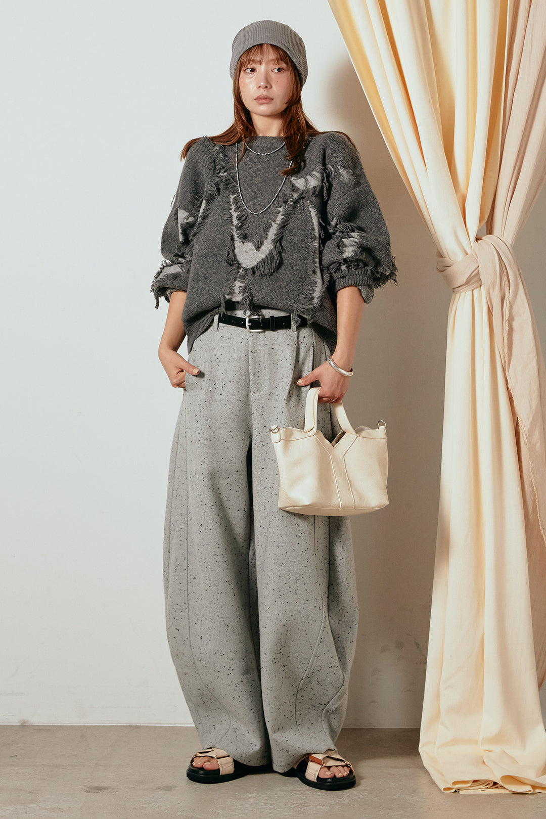 [SET]シャギージャガードニットトップス+ベルト付きネップツイードカーブパンツ(2set)