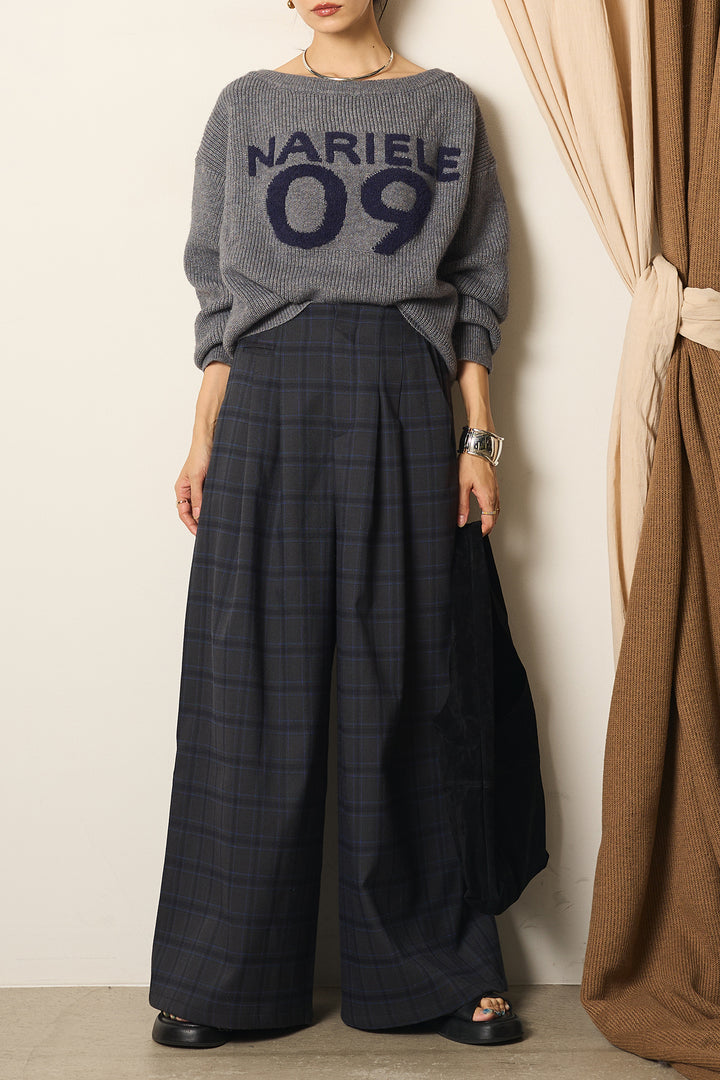 [SET]フロントロゴニットトップス+タータンチェック柄くすみワイドパンツ(2set)