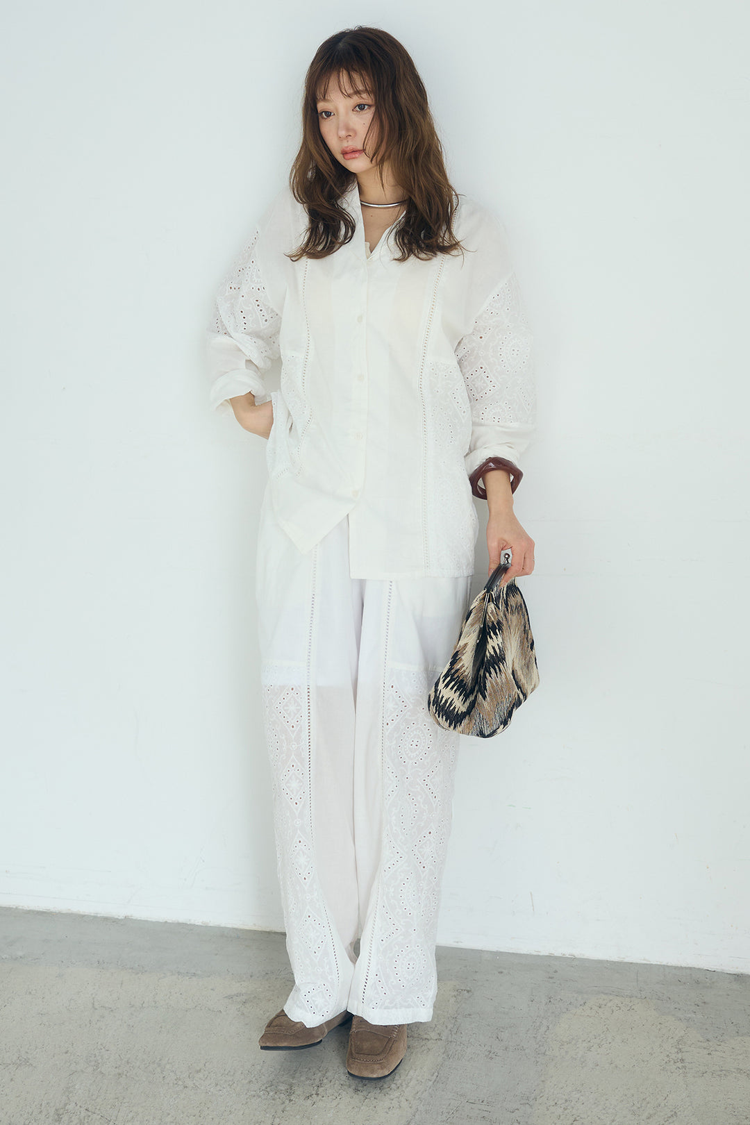 [SET]ローンレースオープンカラーシャツ+ローンレースイージーパンツ(2set)