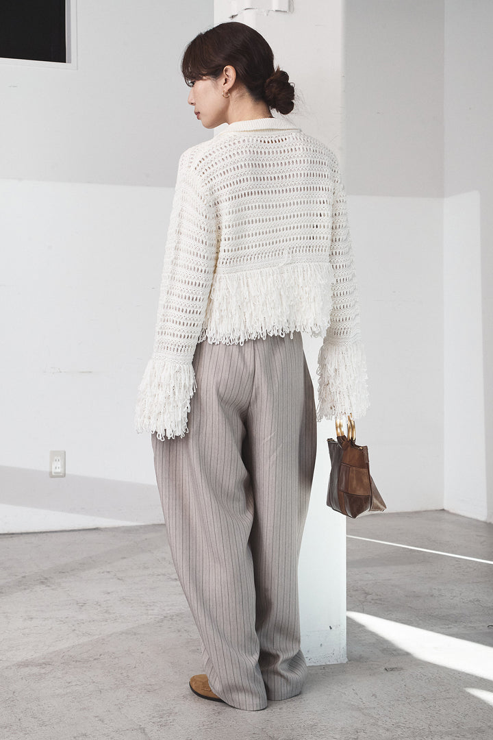 [SET]メッシュフリンジカーディガン+ヘリンボーンストライプツータックパンツ(2set)