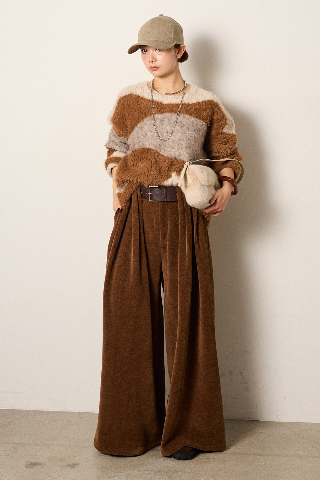 [SET]シャギーウェーブ柄クルーネックニットトップス+ベルトループコーデュロイワイドパンツ(2set)