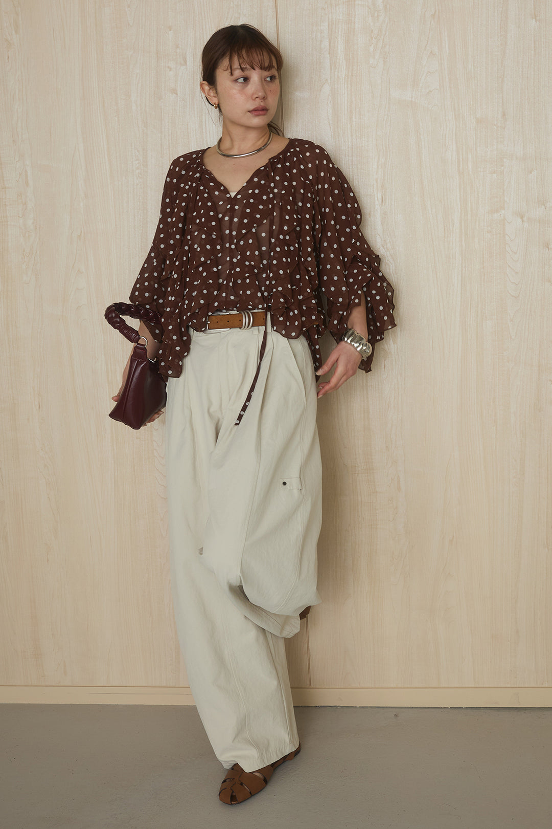 [SET]ドットフリル長袖ブラウス+コットンポリツータックセンターシームカーブパンツ(2set)