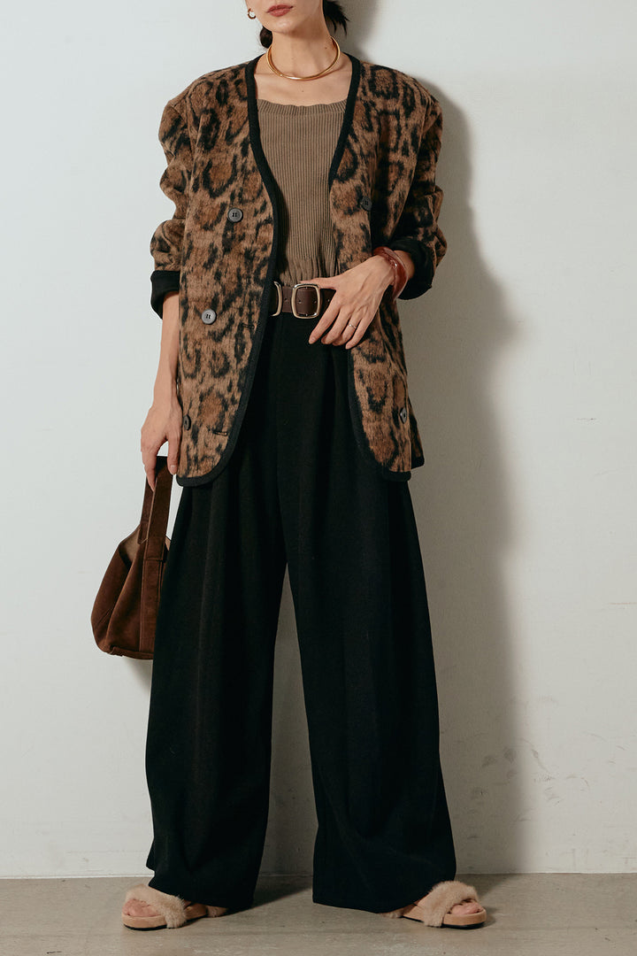 [SET]ノーカラーレオパード柄アウター+フェイクレザー太ベルト付きタックワイドパンツ(2set)