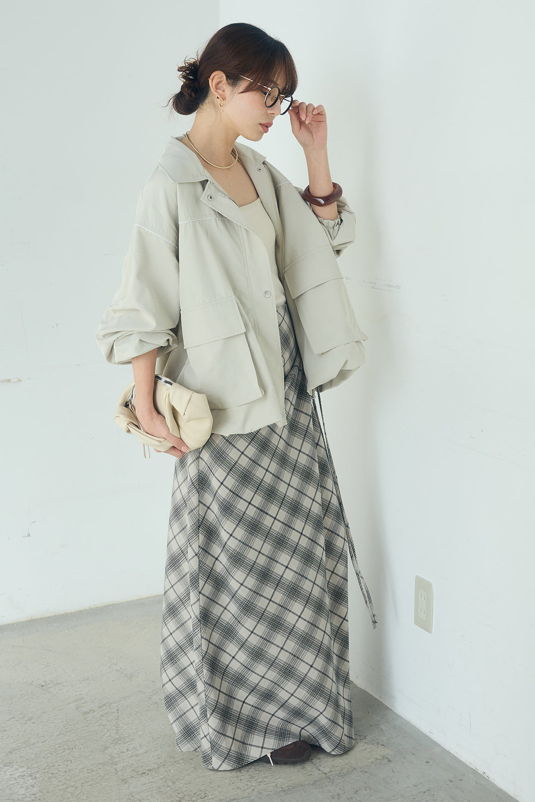 [SET]合繊ツイルバルーンジャケット+タータンチェック柄フロントデザインスカート(2set)