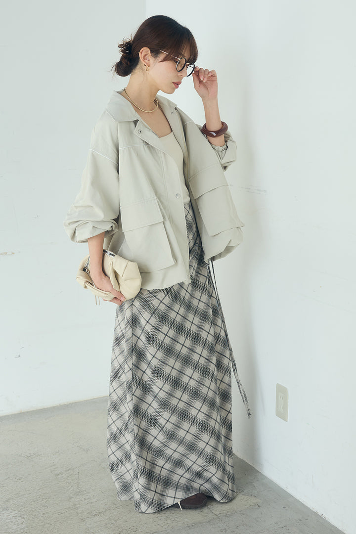 [SET]合繊ツイルバルーンジャケット+タータンチェック柄フロントデザインスカート(2set)