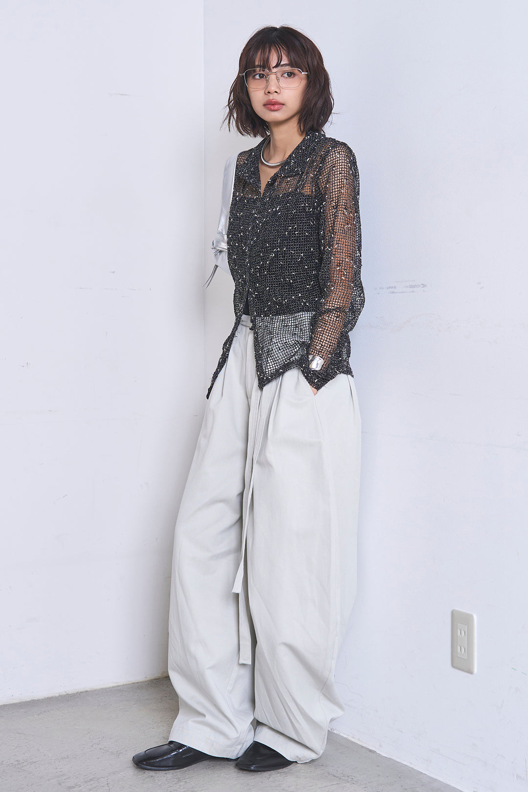 [SET]ネップメッシュポロ襟カーディガン+紐ベルト付きカーブワイドパンツ(2set)