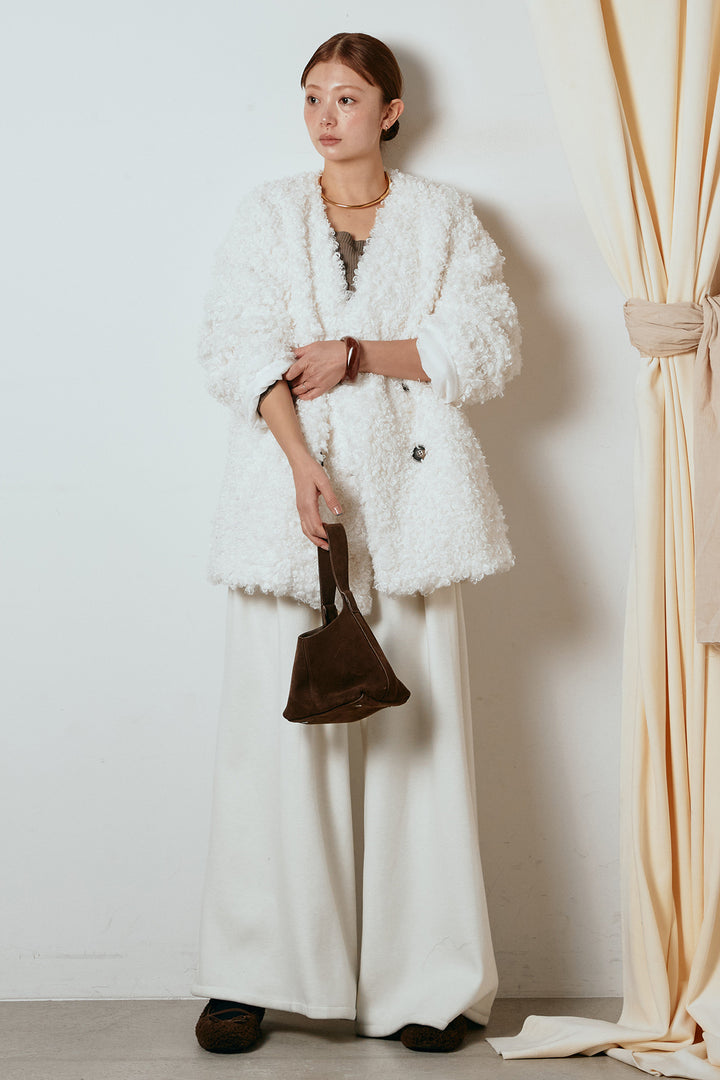 [SET]シープライクファージャケット+フェイクレザー太ベルト付きタックワイドパンツ(2set)