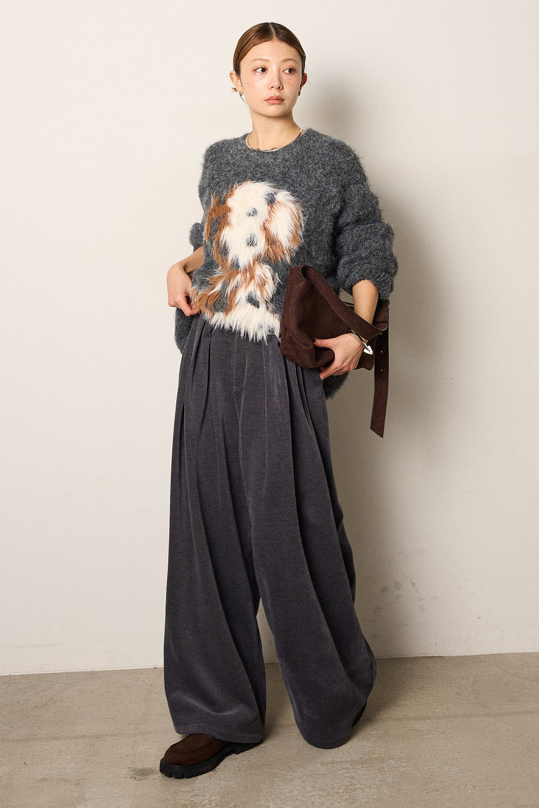 [SET]シャギーニュアンスアニマルニット+ベルトループコーデュロイワイドパンツ(2set)