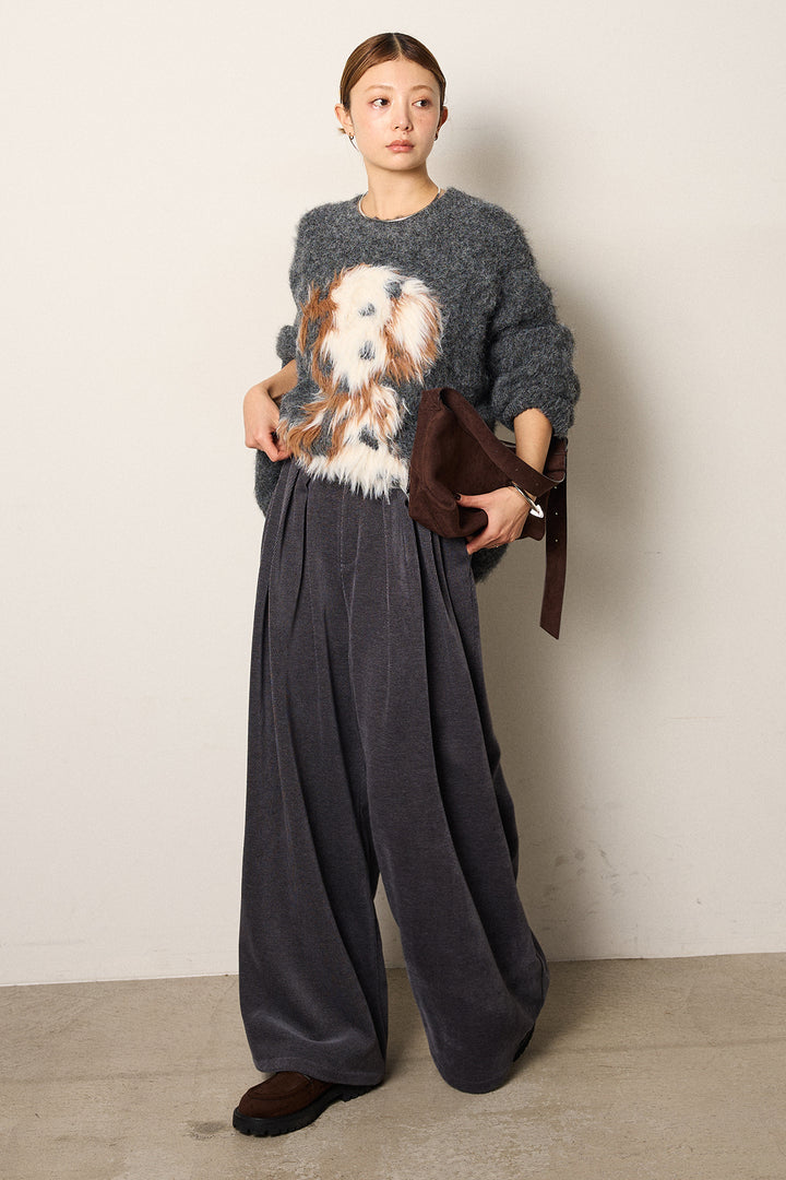 [SET]シャギーニュアンスアニマルニット+ベルトループコーデュロイワイドパンツ(2set)